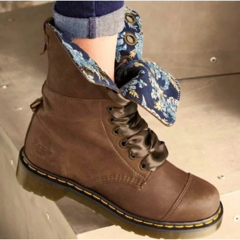Dr Martens Aimilita Triumph Brown Leather Floral Lined Fold Over Lace Up Size 7